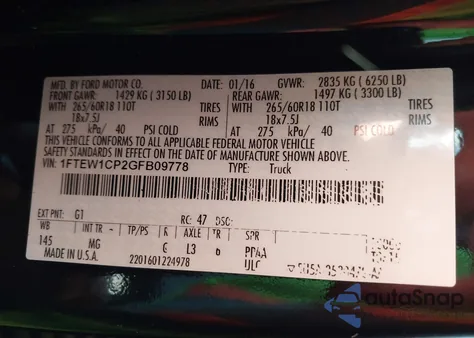 2016 Ford F-150 Xlt из США, поврежденный, VIN 1FTEW1CP2GFB09778